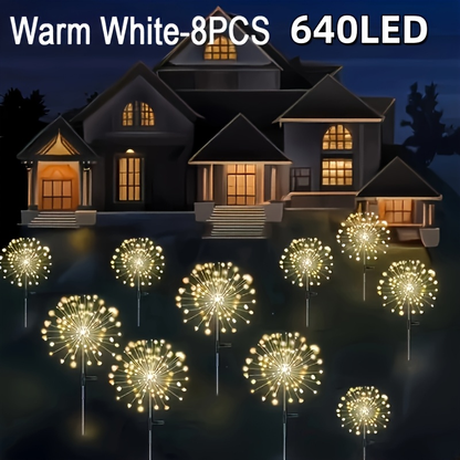 Solar Fireworks Lights Outdoor Waterproof 240–640 LED 8 Lighting Modes – 4/8 Pack Garden Stake Lights for Christmas Yard Wedding Patio Lawn Holiday Decoration