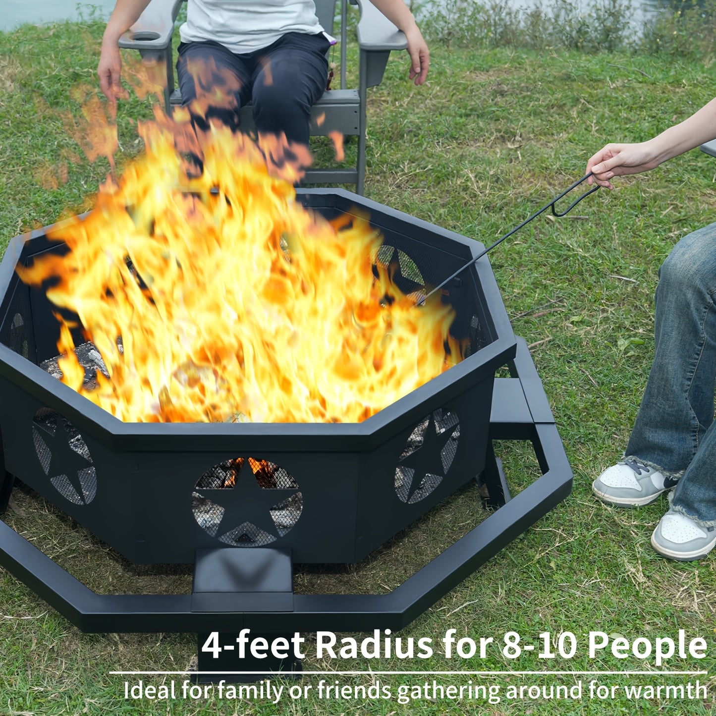 Extra Large Octagonal Fire Pit for Outside, Heavy Duty Steel Wood Burning Firepit for Backyard Patio Camping Garden, 43 & 45 Inch Outdoor Fire Bowl, Black