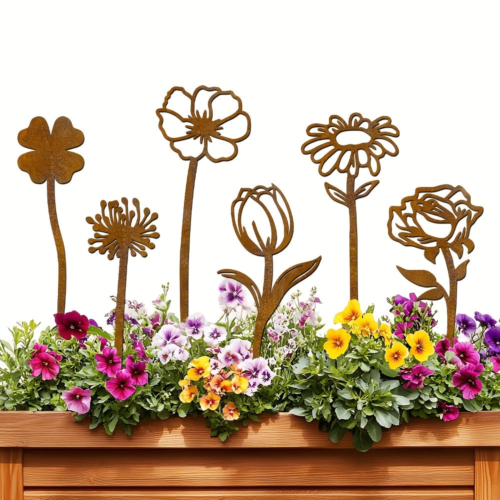 Garden Stakes Rusty Flat Metal | Rose Dandelion Patio Flower Pot