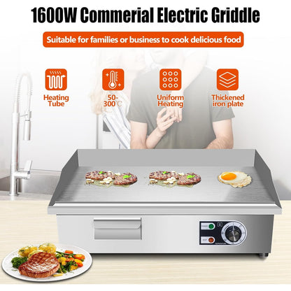 Electric Flat Top Grill 14"/22" – Commercial Teppanyaki Griddle, Non-Stick Cast Iron Cooking Surface, Adjustable Temp 122–572°F, Stainless Steel, Indoor & Restaurant Use