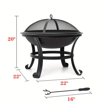 Wood Burning Fire Pit 22 Inch Portable Rust-Proof Steel Bowl with Mesh Spark Screen Log Grate Fire Poker for BBQ Camping Backyard Porch Deck Easy Assembly