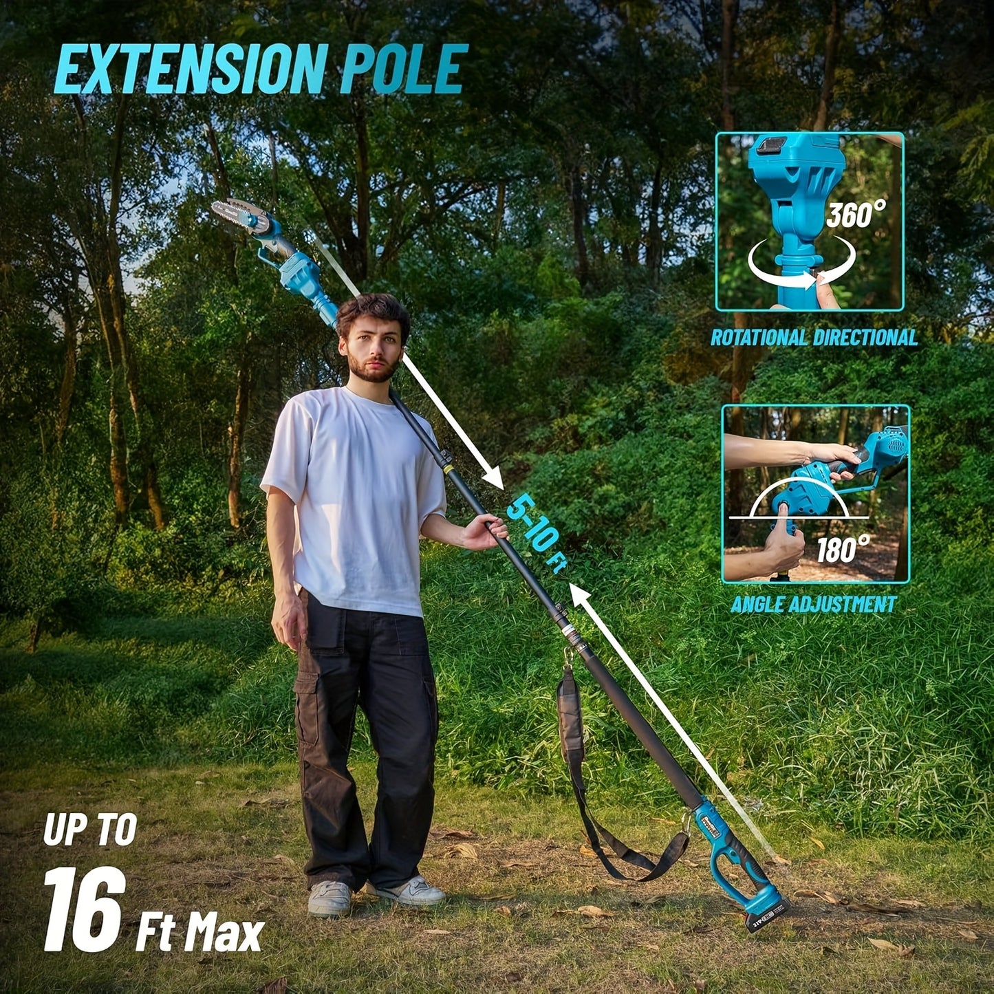 Cordless Pole Chainsaw 2-in-1 with 6" Brushless Chain, 16-Foot Max Reach, 2.0Ah Battery, Extendable Pole Saw for Tree Pruning and Wood Cutting