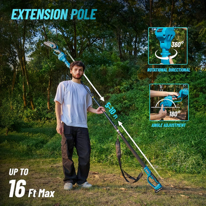 Cordless Pole Chainsaw 2-in-1 with 6" Brushless Chain, 16-Foot Max Reach, 2.0Ah Battery, Extendable Pole Saw for Tree Pruning and Wood Cutting