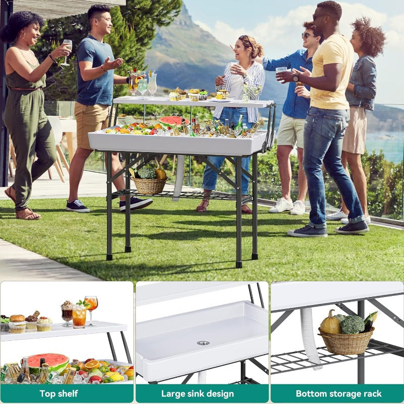 2-Tier Ice Table 40.5" Folding Bar Cooler with Drain, Skirt & Metal Shelf, Double-Layer Outdoor Beverage Station for Parties, BBQ & Camping