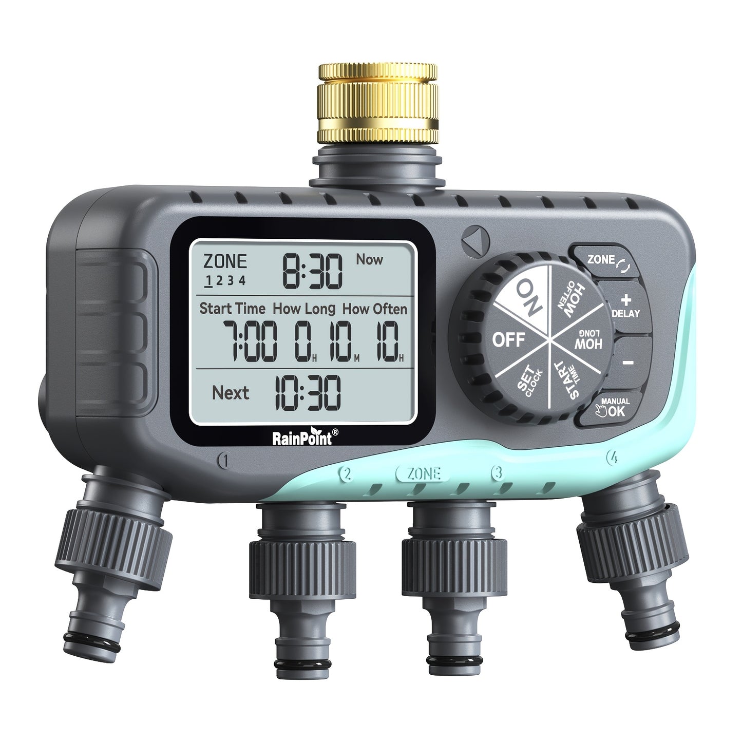 Garden Irrigation System 4-Zone – Automatic Watering Controller with Brass Head, Manual & Rain Delay Modes, Independent Zone Scheduling