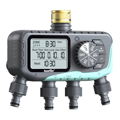 Garden Irrigation System 4-Zone – Automatic Watering Controller with Brass Head, Manual & Rain Delay Modes, Independent Zone Scheduling