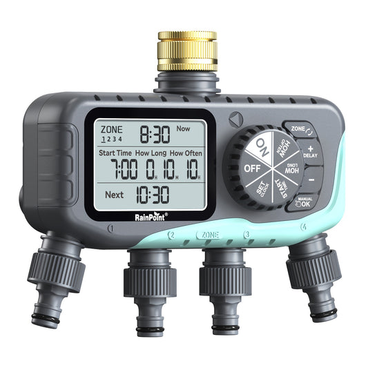 Garden Irrigation System 4-Zone – Automatic Watering Controller with Brass Head, Manual & Rain Delay Modes, Independent Zone Scheduling