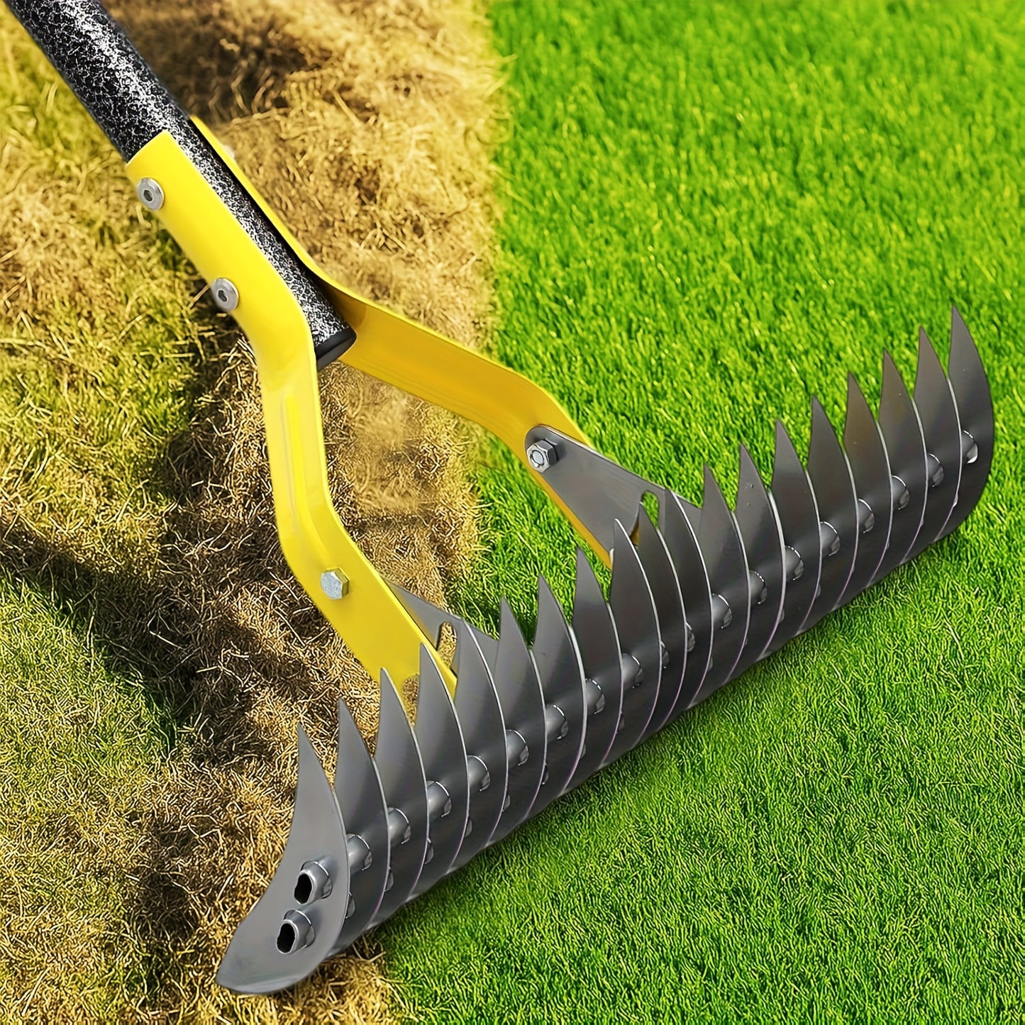 Thatch Rake Heavy Duty Dual-Action - 15-Inch Manual Dethatcher & Lawn Scarifier with Sharp Metal Blades for Dead Grass Removal, Soil Loosening & Lawn Aeration - Available in 55 & 70 Inch Handle