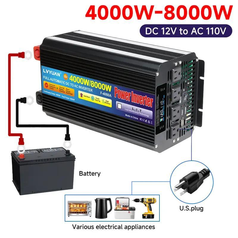 Pure Sine Wave Power Inverter 4000W 8000W Peak DC 12V to AC 110V with LCD Display Remote Control 4 AC Outlets for Car Truck RV Boat Solar Off-Grid