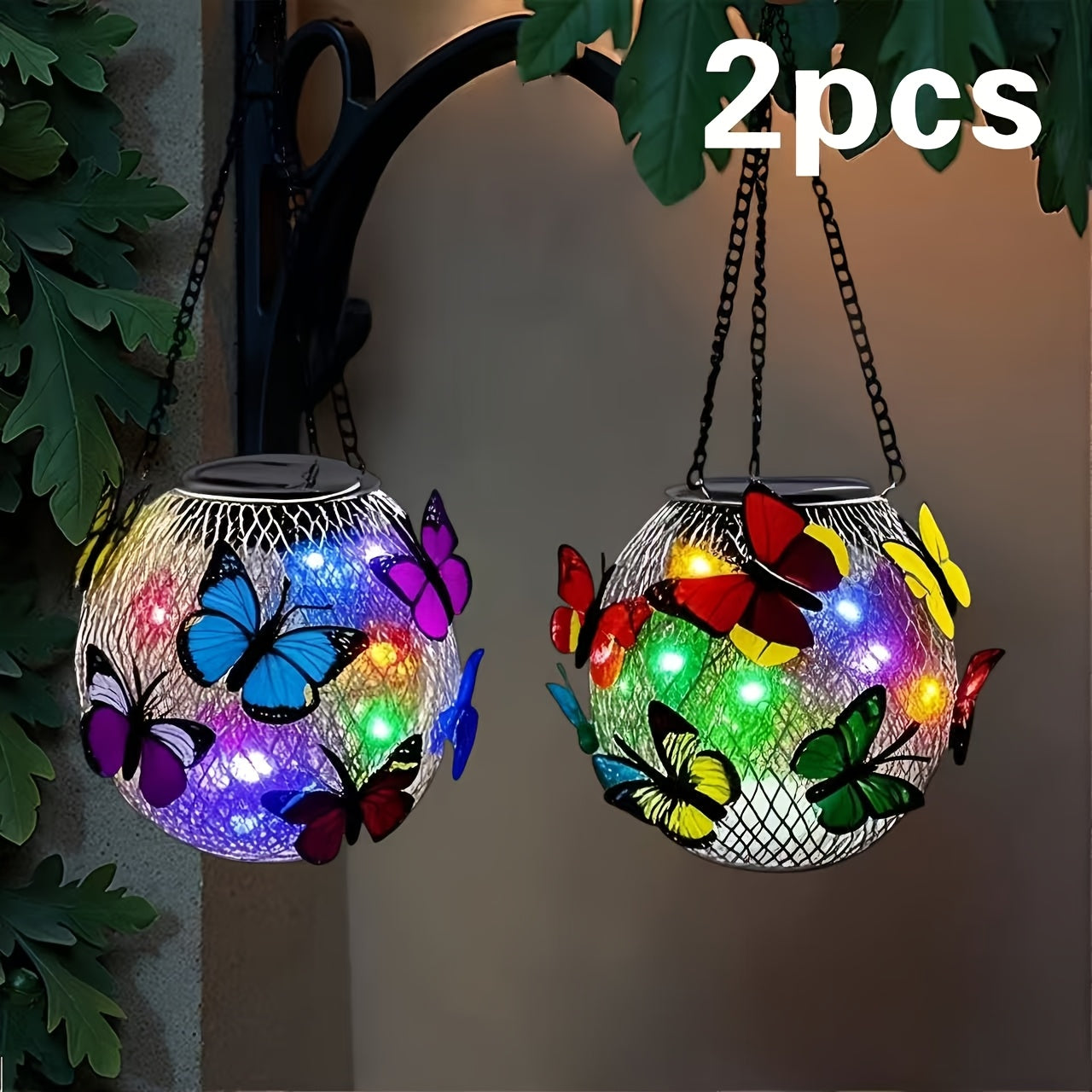 Solar Butterfly Lantern Hanging Garden Light 2-Pack Metal Iron
