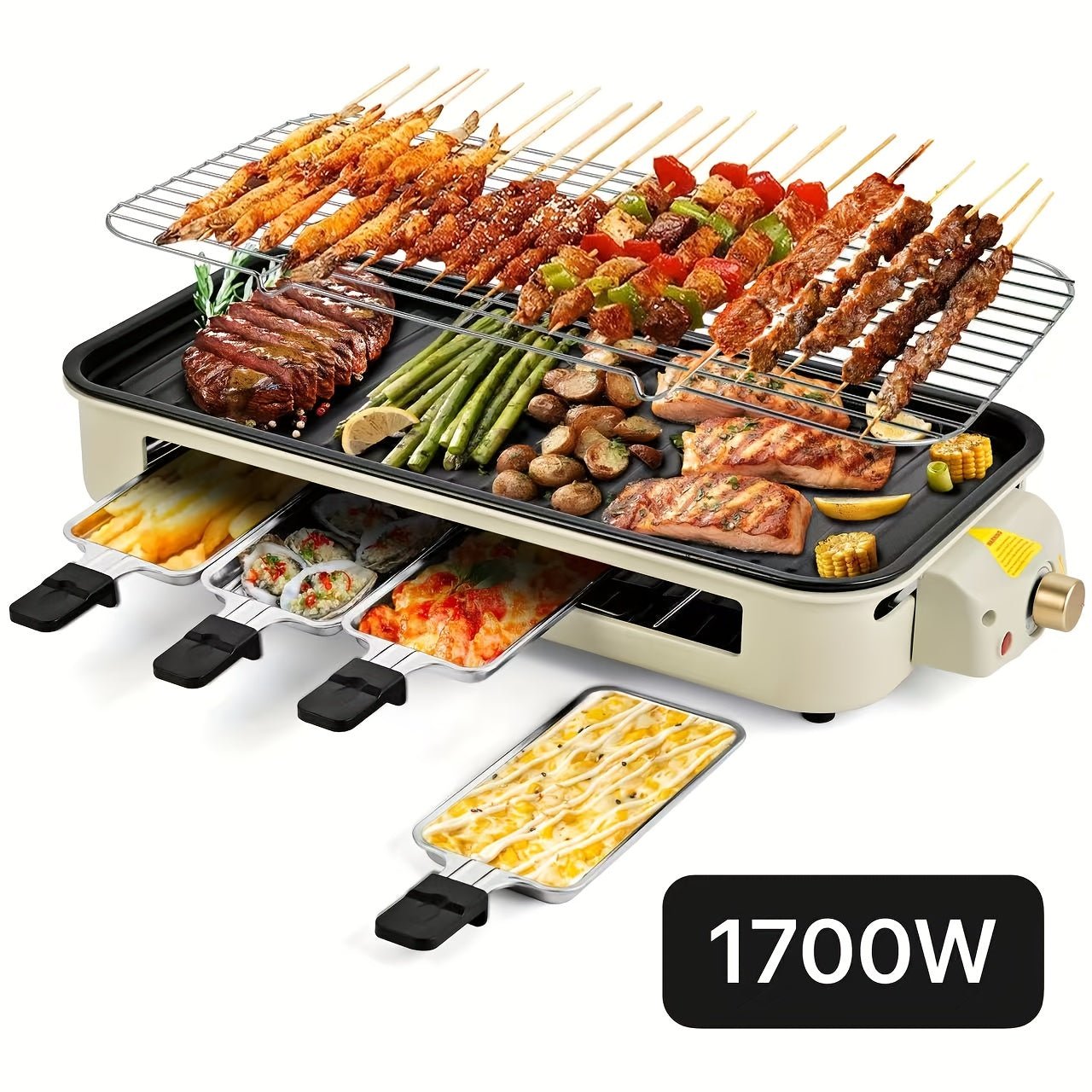 Indoor Electric Smokeless Grill 1700W with Raclette Pans, Non-Stick Dishwasher Safe Plate, Portable Tabletop BBQ Griddle for Couples