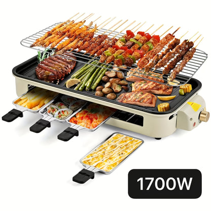 Indoor Electric Smokeless Grill 1700W with Raclette Pans, Non-Stick Dishwasher Safe Plate, Portable Tabletop BBQ Griddle for Couples