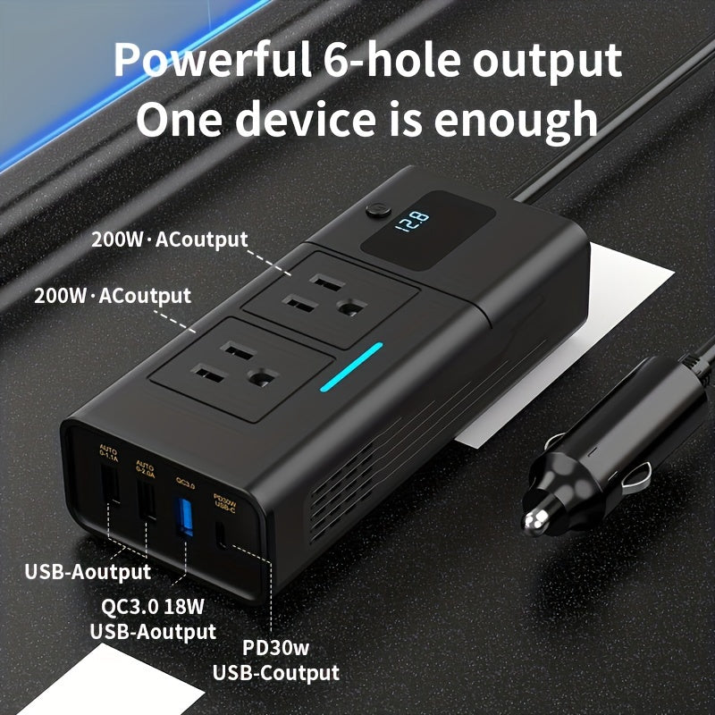 Power Inverter for Car 200W DC 12V to AC 110V with QC3.0 USB-C Type-C 1.2A 2A USB Ports Cigarette Lighter Plug Adapter Outlet Charger for Laptop Phone Tablet