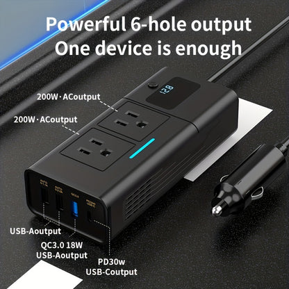 Power Inverter for Car 200W DC 12V to AC 110V with QC3.0 USB-C Type-C 1.2A 2A USB Ports Cigarette Lighter Plug Adapter Outlet Charger for Laptop Phone Tablet