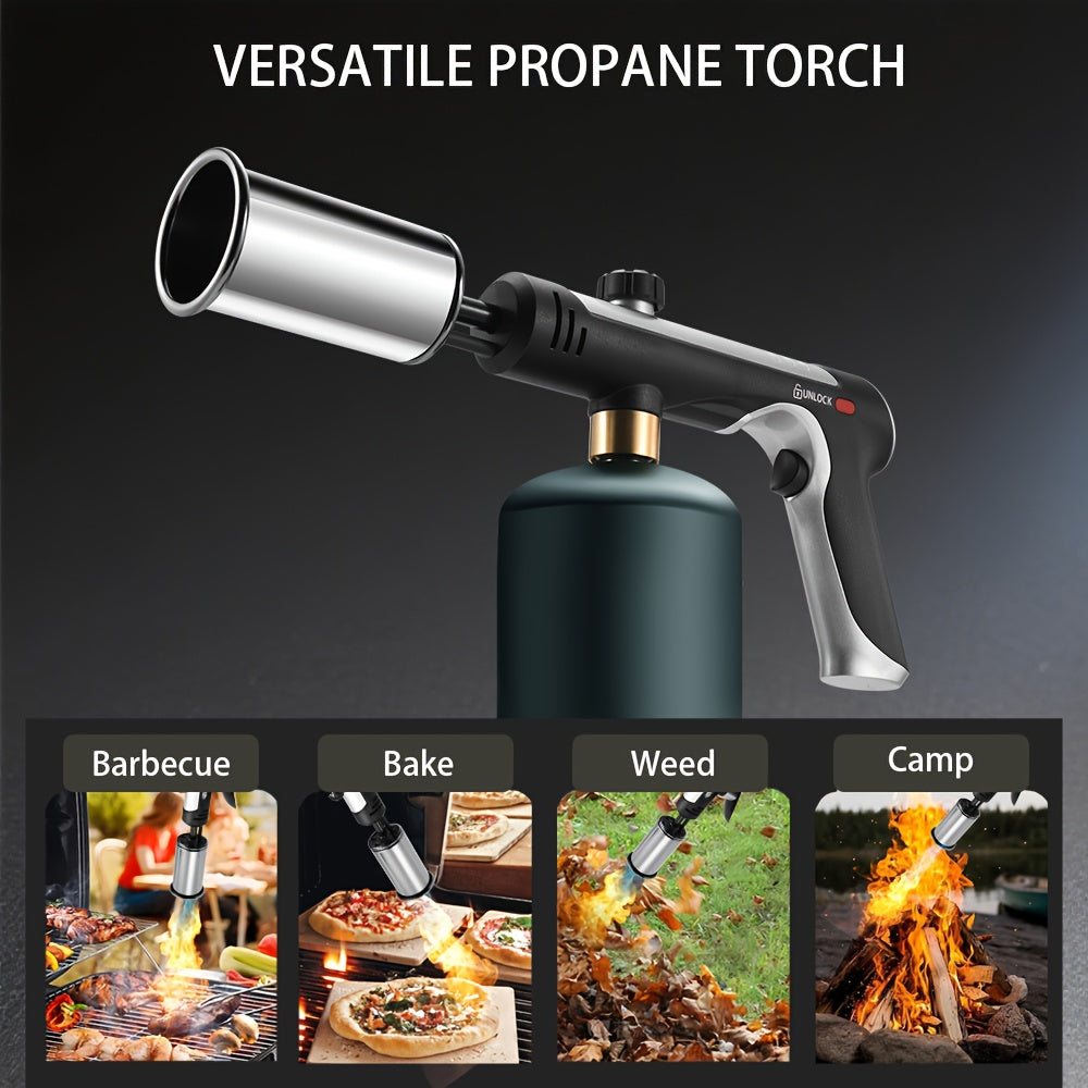 Propane Torch with One-Touch Max Fire & Safety Lock, Cooking Blow Torch Gun for Sous Vide, Searing Steak, BBQ, Grill, Campfire & Charcoal, Adjustable Flame Kitchen Torch, Black/Golden (Tank Not Included)