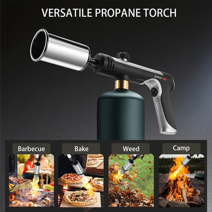 Propane Torch with One-Touch Max Fire & Safety Lock, Cooking Blow Torch Gun for Sous Vide, Searing Steak, BBQ, Grill, Campfire & Charcoal, Adjustable Flame Kitchen Torch, Black/Golden (Tank Not Included)
