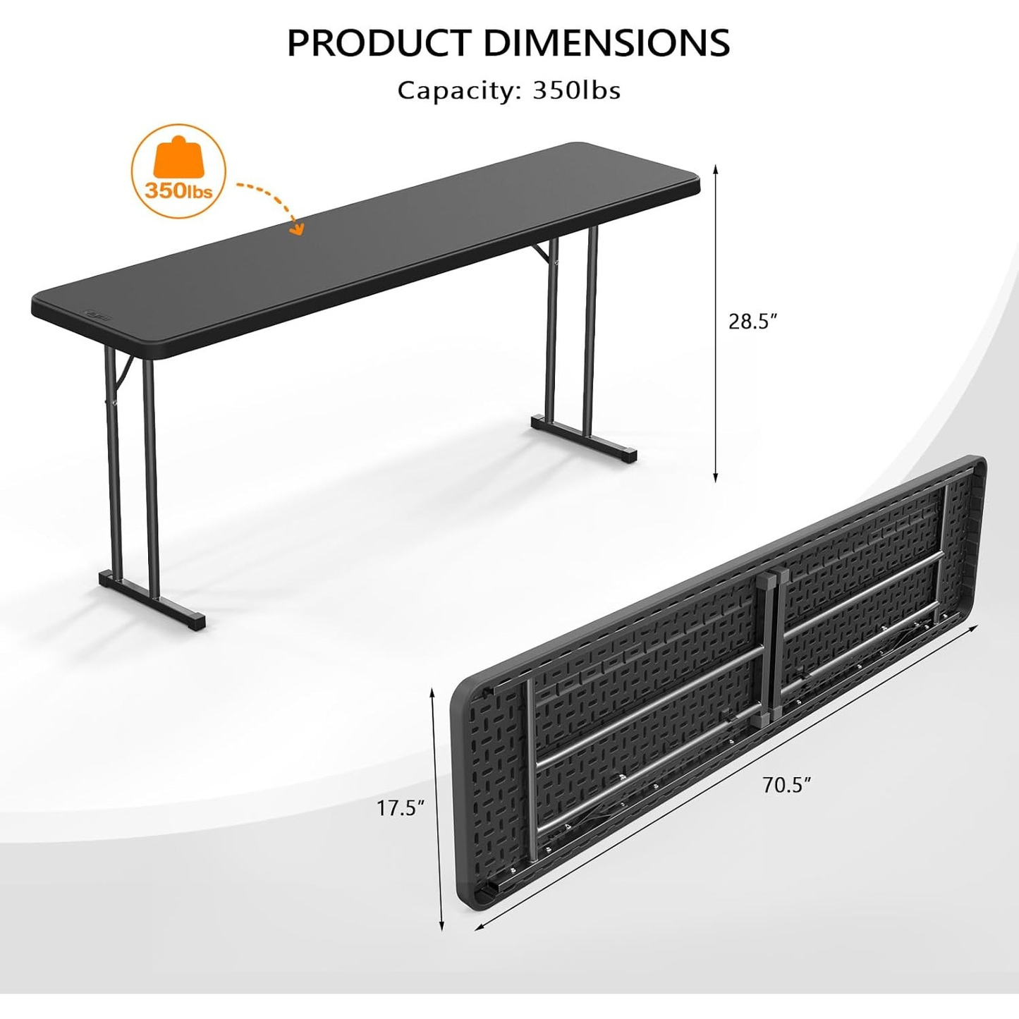 Folding Table 6 ft Narrow HDPE Top 350 lbs Capacity Steel Frame Portable Indoor Outdoor Table for Party, Buffet, Camping & Office