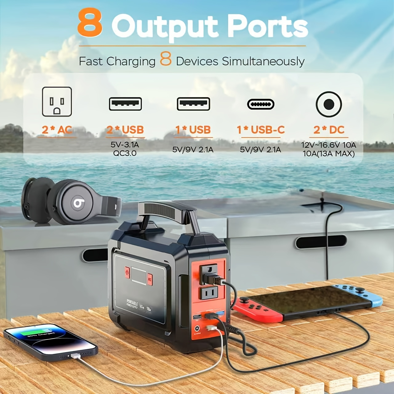 Portable Power Station 300W 296Wh Solar Generator LiFePO4 Battery Backup with AC Outlet USB QC3.0 for Camping RV Travel Home Emergency Outdoor
