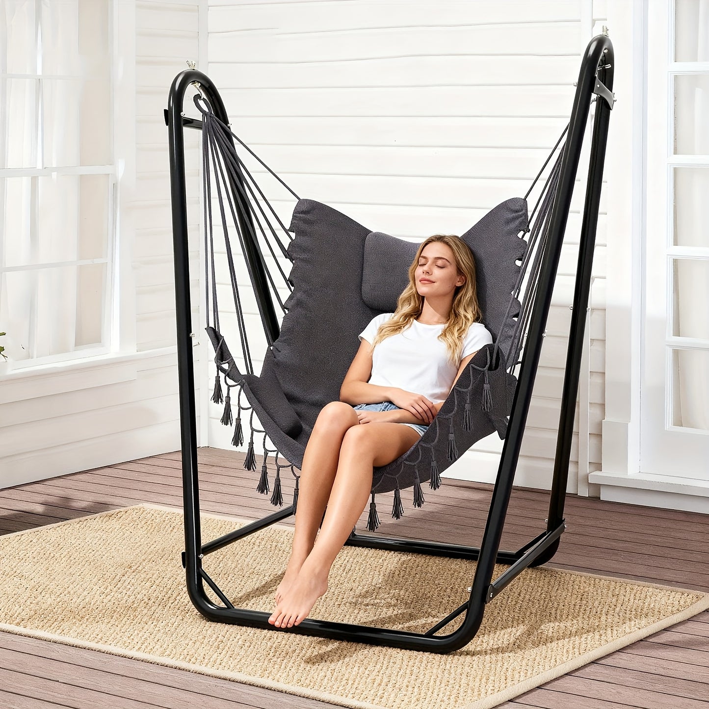 U-Shaped Hammock Chair Stand with Free Hanging Chair, Double Tube Steel Frame, 350 lbs Capacity, Rust-Resistant Powder Coat, Side Pocket Included
