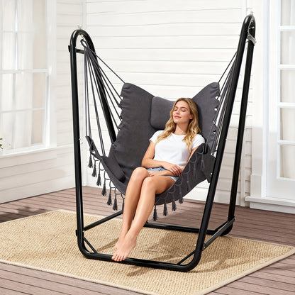 U-Shaped Hammock Chair Stand with Free Hanging Chair, Double Tube Steel Frame, 350 lbs Capacity, Rust-Resistant Powder Coat, Side Pocket Included