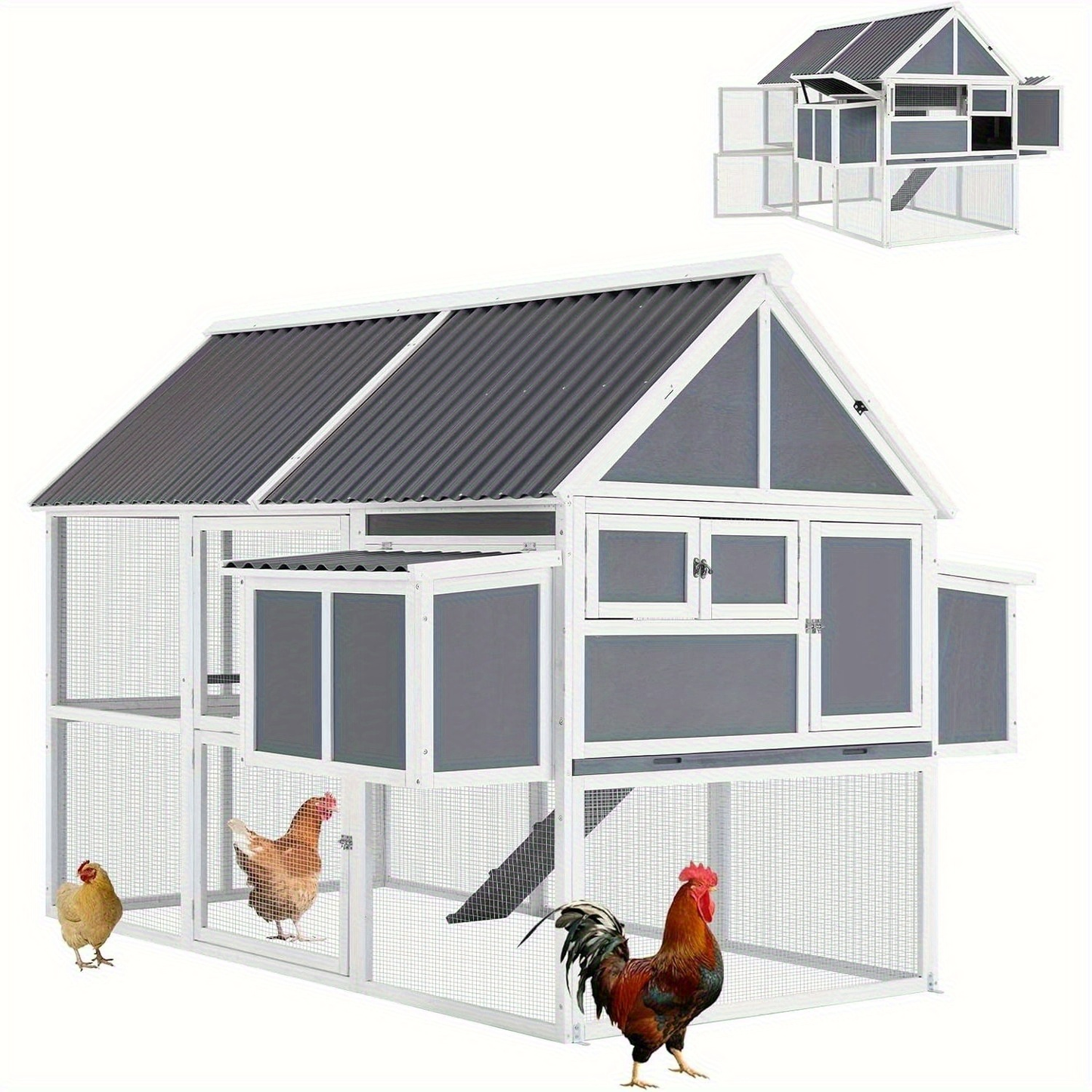 Large Chicken Coop 84" for 8-10 Hens | Outdoor Wooden Hen House with Run, 2 Nesting Boxes, 3 Perches, Removable Tray & Ground Spikes – Walk-In Poultry Cage