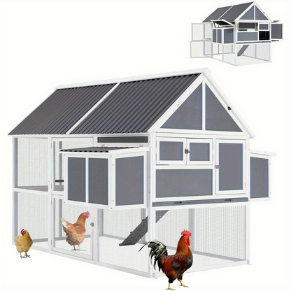 Large Chicken Coop 84" for 8-10 Hens | Outdoor Wooden Hen House with Run, 2 Nesting Boxes, 3 Perches, Removable Tray & Ground Spikes – Walk-In Poultry Cage