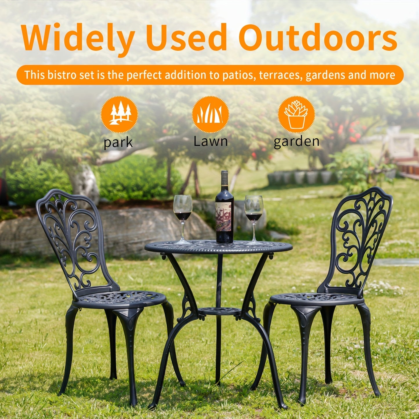 Patio Bistro Set 3 Piece Cast Aluminum Outdoor Table and 2 Chairs with Umbrella Hole All Weather Front Porch Balcony Furniture Set Black