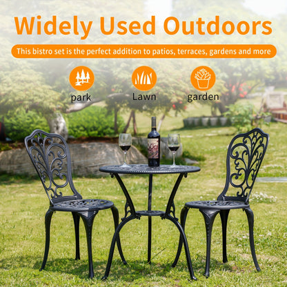 Patio Bistro Set 3 Piece Cast Aluminum Outdoor Table and 2 Chairs with Umbrella Hole All Weather Front Porch Balcony Furniture Set Black