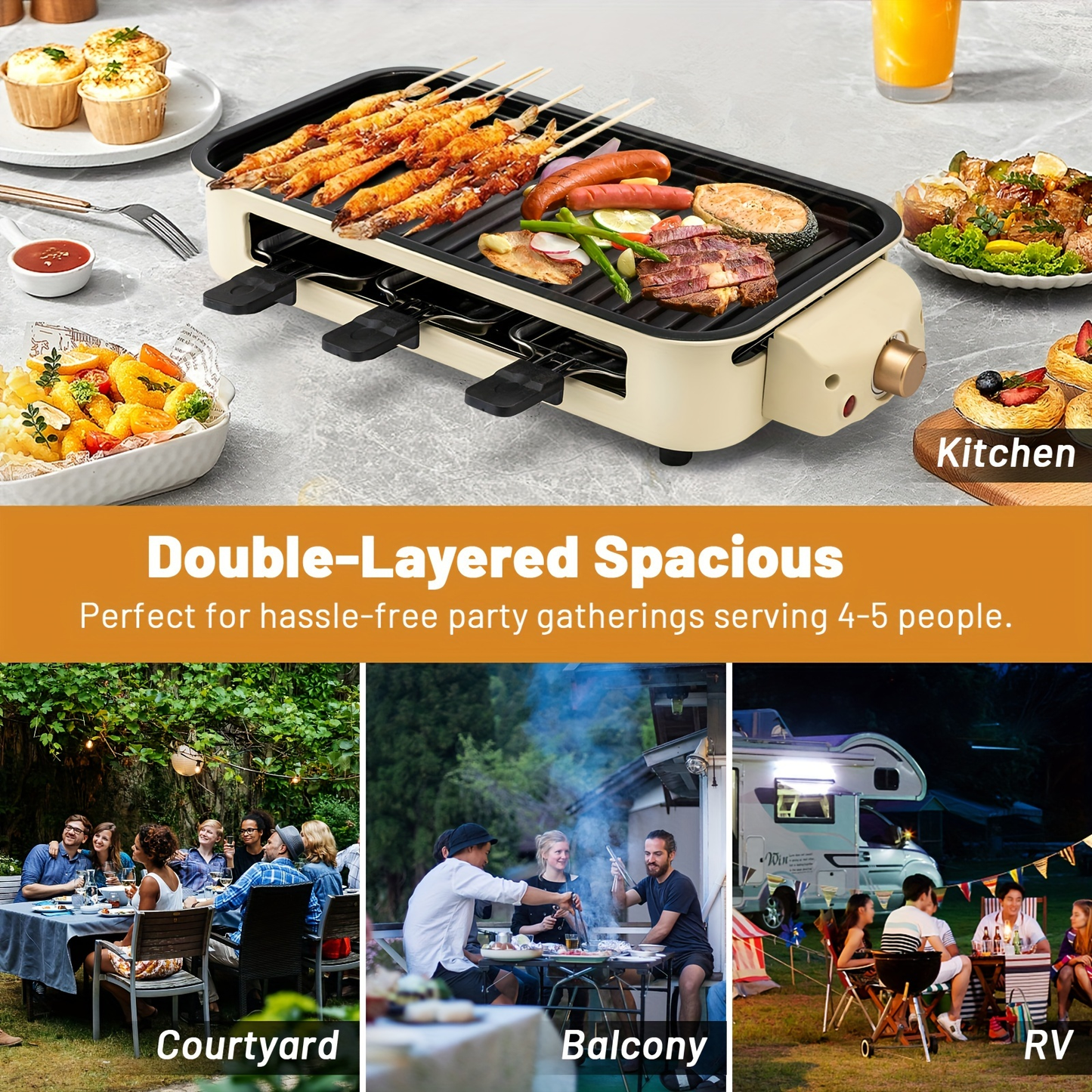 Indoor Electric Smokeless Grill 1700W with Raclette Pans, Non-Stick Dishwasher Safe Plate, Portable Tabletop BBQ Griddle for Couples