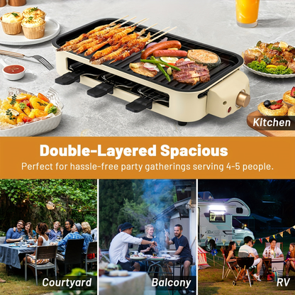 Indoor Electric Smokeless Grill 1700W with Raclette Pans, Non-Stick Dishwasher Safe Plate, Portable Tabletop BBQ Griddle for Couples