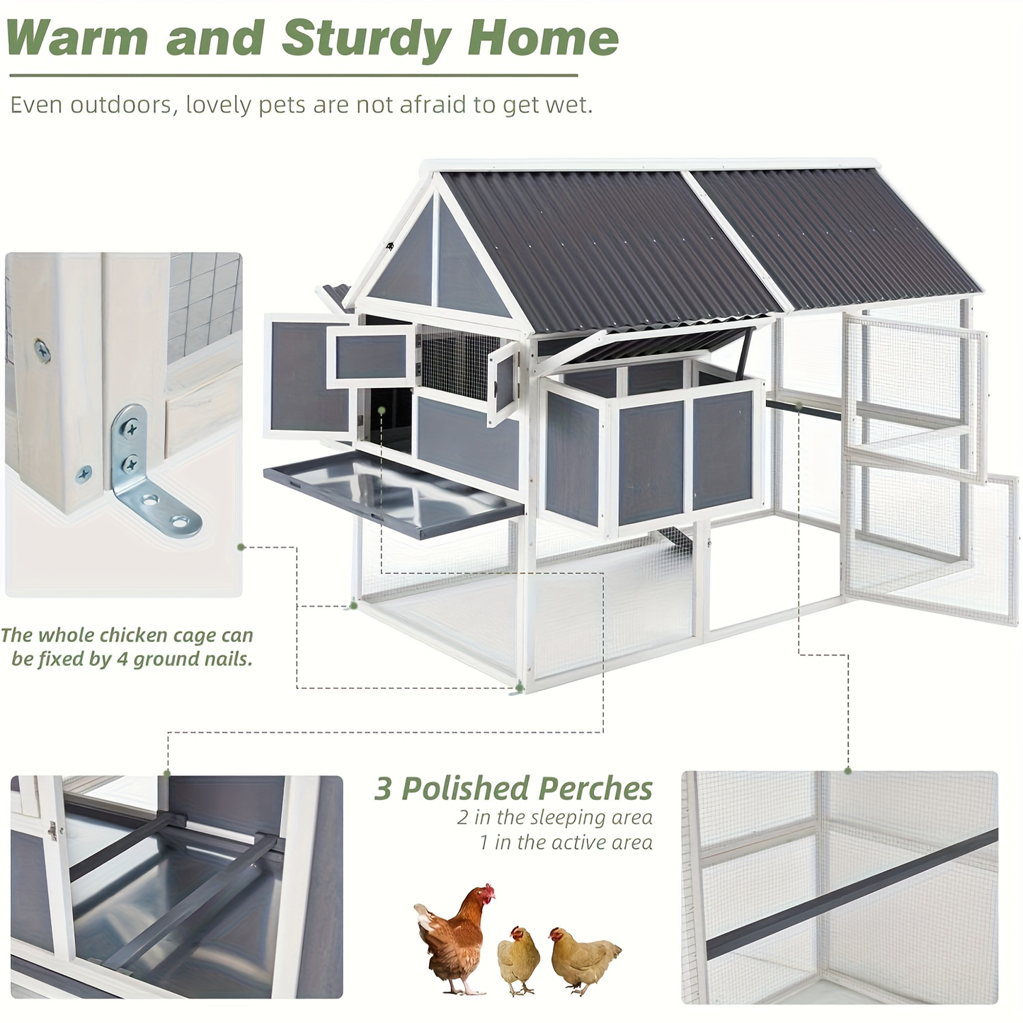 Large Chicken Coop 84" for 8-10 Hens | Outdoor Wooden Hen House with Run, 2 Nesting Boxes, 3 Perches, Removable Tray & Ground Spikes – Walk-In Poultry Cage