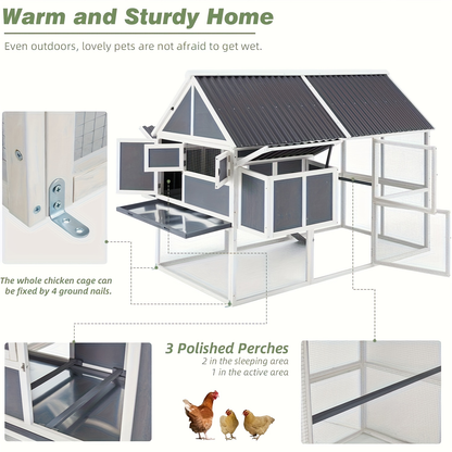 Large Chicken Coop 84" for 8-10 Hens | Outdoor Wooden Hen House with Run, 2 Nesting Boxes, 3 Perches, Removable Tray & Ground Spikes – Walk-In Poultry Cage