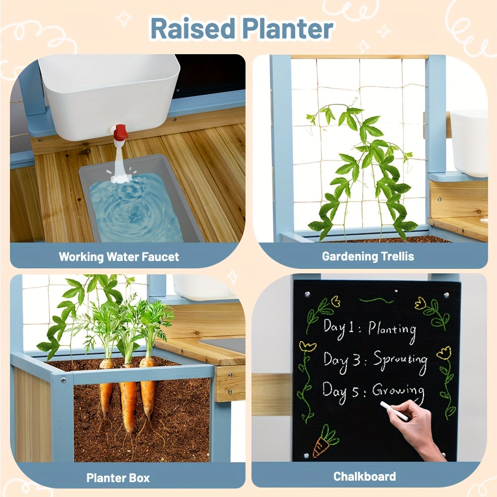 Kids Potting Bench Wooden Outdoor Toy Gardening Center with Planter Box Sink Faucet Blackboard Storage Shelf Garden Pretend Play Workstation for Toddlers Children