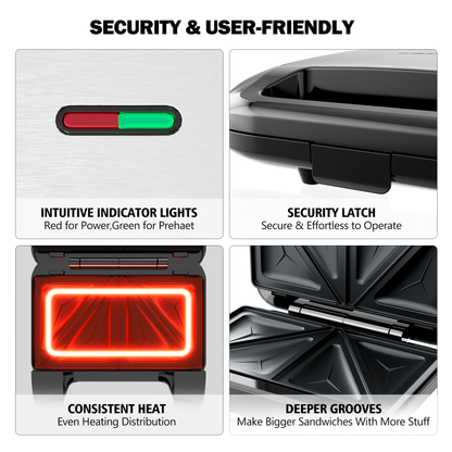 Sandwich Maker 3-in-1 Panini Press & Waffle Iron 750W with Removable Non-Stick Plates, Dishwasher Safe, Compact for Dorm, RV & Travel