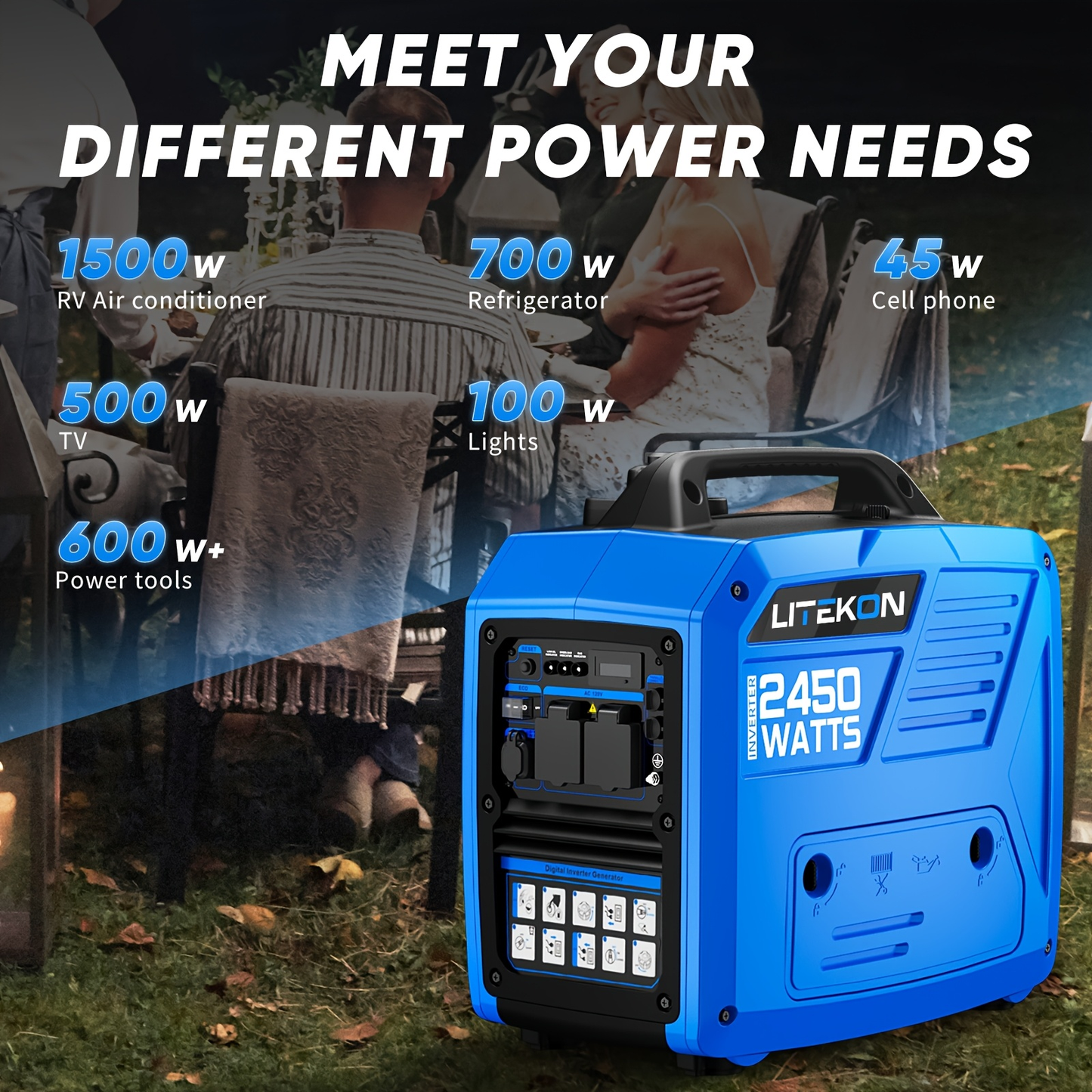 Inverter Generator 2450W Portable Super Quiet Gas Powered – 120V, 1.6 Gal Tank 8.3Hr Run Time, EPA Compliant, for Home Backup, Camping & RV Use