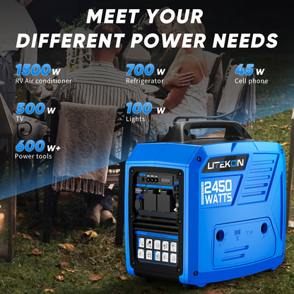Inverter Generator 2450W Portable Super Quiet Gas Powered – 120V, 1.6 Gal Tank 8.3Hr Run Time, EPA Compliant, for Home Backup, Camping & RV Use
