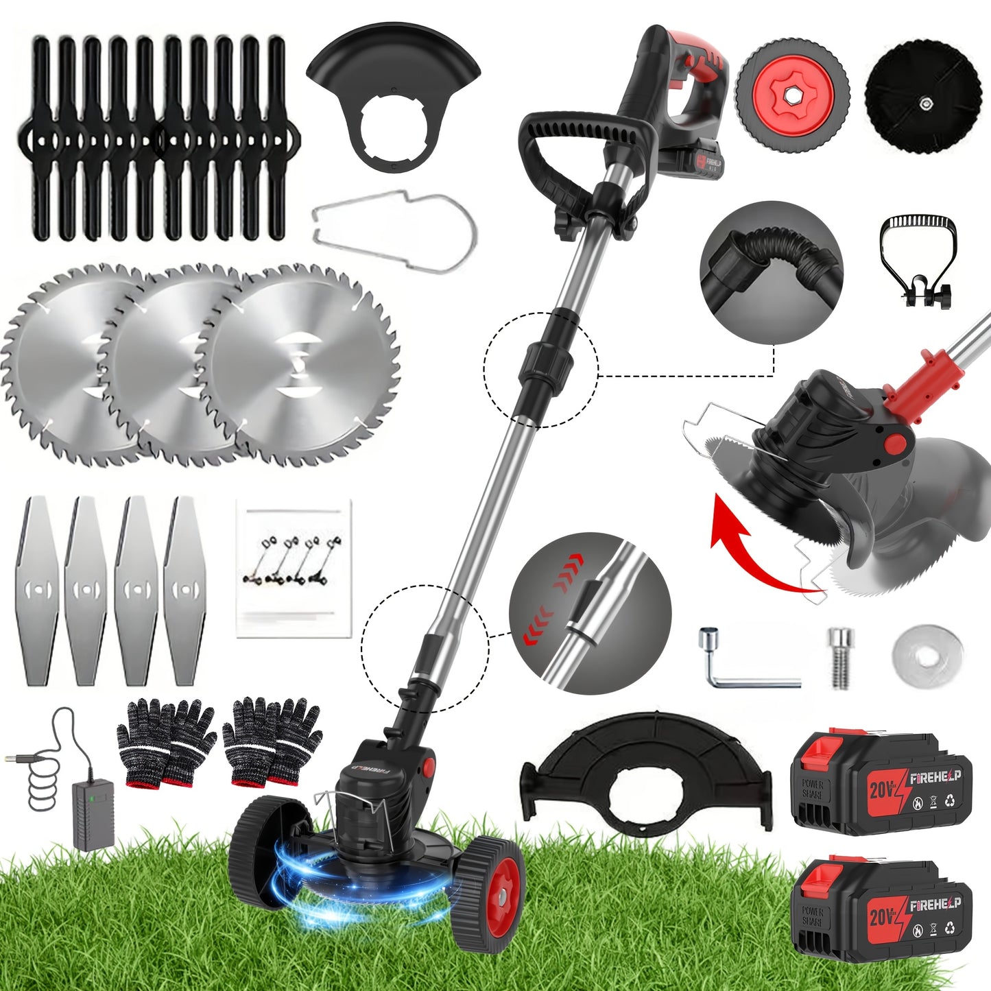 Cordless Lawn Mower 3-in-1 Electric Trimmer Weed Eater Edger Bush Cutter 21V Dual Battery Adjustable Height Swivel Head Lightweight for Small Yards Patios Gardens