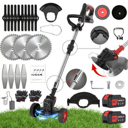 Cordless Lawn Mower 3-in-1 Electric Trimmer Weed Eater Edger Bush Cutter 21V Dual Battery Adjustable Height Swivel Head Lightweight for Small Yards Patios Gardens