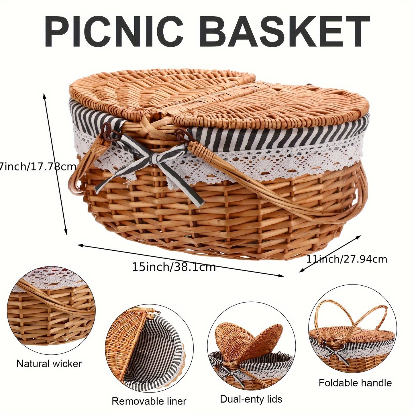 Picnic Basket Set with Blanket & Bamboo Plates – Wicker Hamper with Lid, Handle & Washable Lining for Camping, Outdoor Dining & Garden Parties, Grey