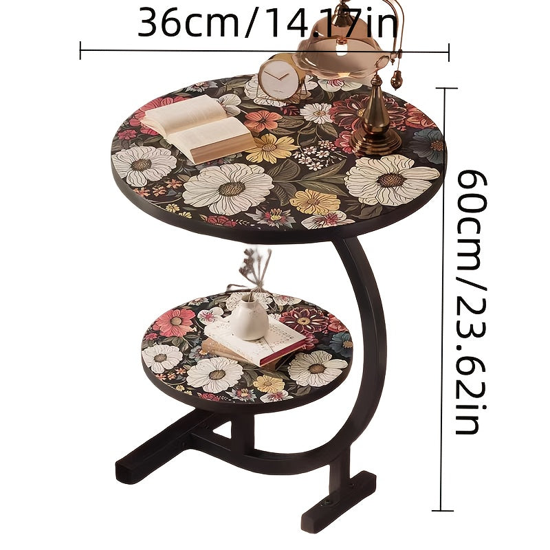 Small Round Side Table Sofa End Table Floral Mandala Desktop Accent Table for Living Room Bedroom Balcony Patio Outdoor Indoor Use