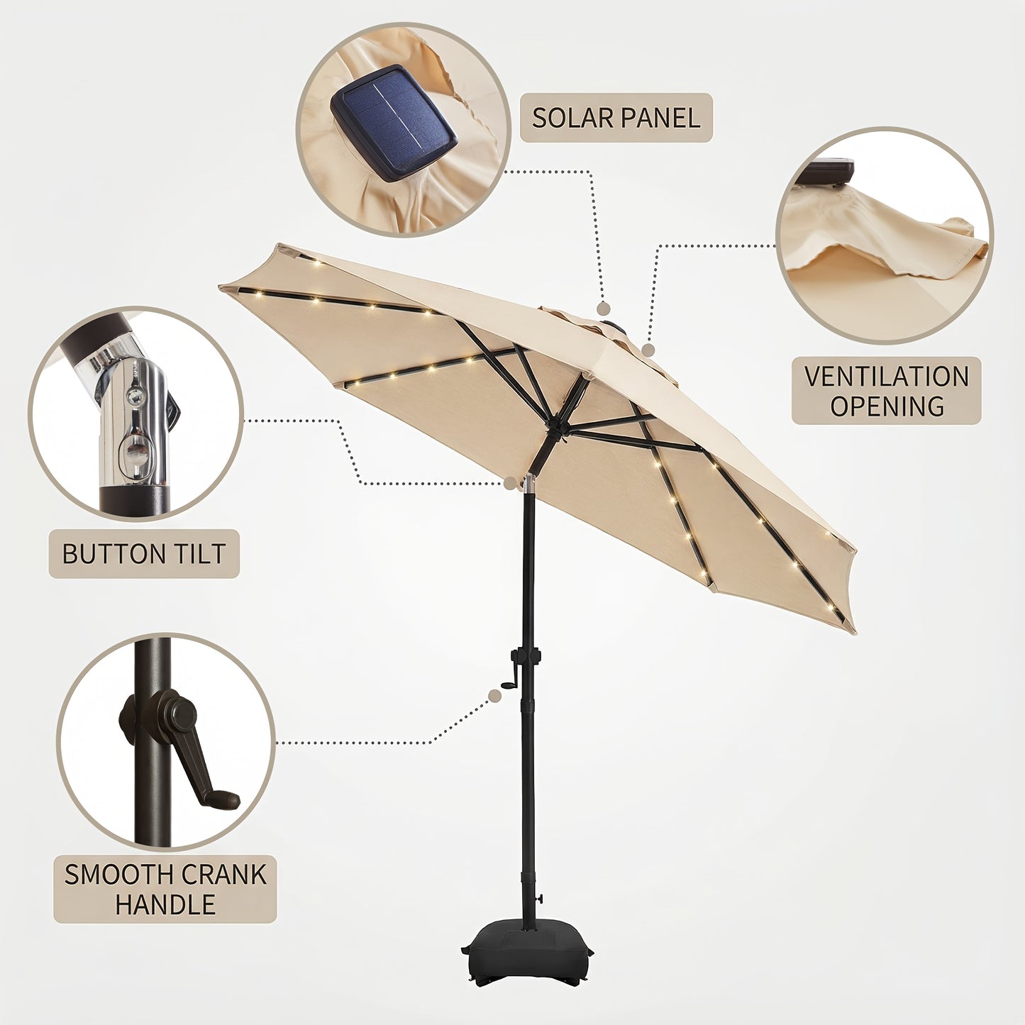 Patio Umbrella 9ft Solar LED Lighted with Base, 32 LED Market Umbrella with Ventilation, Push Button Tilt & Crank, Outdoor Table Umbrella for Garden, Deck, Backyard & Pool
