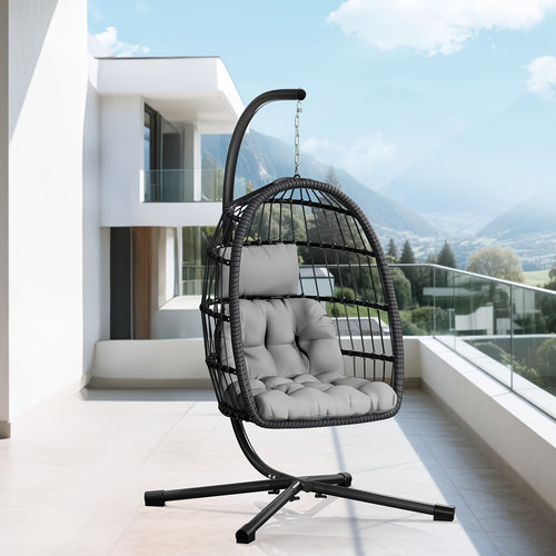 Outdoor Egg Chair with Stand Rattan Wicker Hanging Swing Hammock Chair Thickened Aluminum Frame UV-Resistant Cushion 350LBS Capacity Patio Balcony Deck Lawn Seat