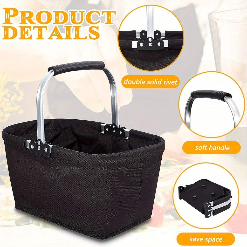 Foldable Picnic Basket Insulated | Portable Shopping Basket Aluminum Frame Oxford Cloth with Zippered Pocket