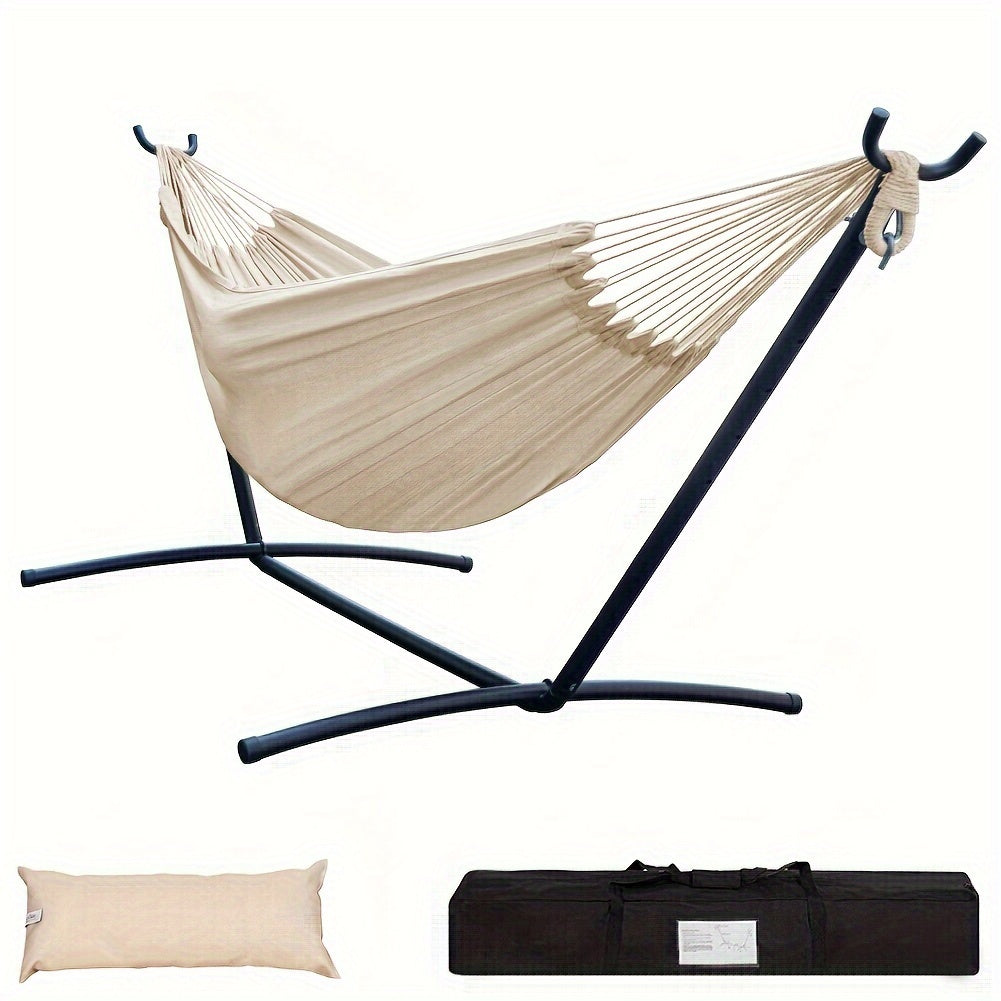 Double Hammock with Steel Stand 450 lbs Heavy Duty Portable Outdoor Indoor Carry Case Head Pillow No Assembly Camping Patio Backyard Multiple Colors