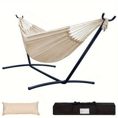 Double Hammock with Steel Stand 450 lbs Heavy Duty Portable Outdoor Indoor Carry Case Head Pillow No Assembly Camping Patio Backyard Multiple Colors