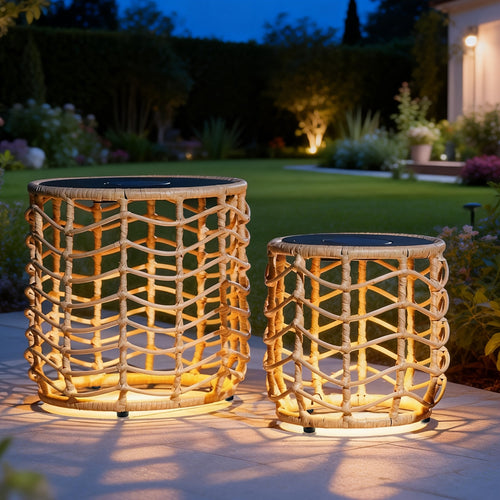 Outdoor Wicker Nesting Side Tables Set of 2 PE Rattan End Tables with Tempered Glass Top UV Resistant Waterproof Patio Balcony Deck Furniture