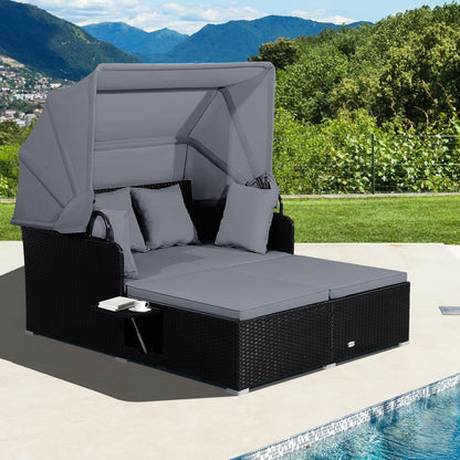 Outdoor Wicker Daybed with Retractable Canopy Side Tables Cushions PE Rattan Patio Lounge Bed Sun Lounger for Backyard Garden Pool