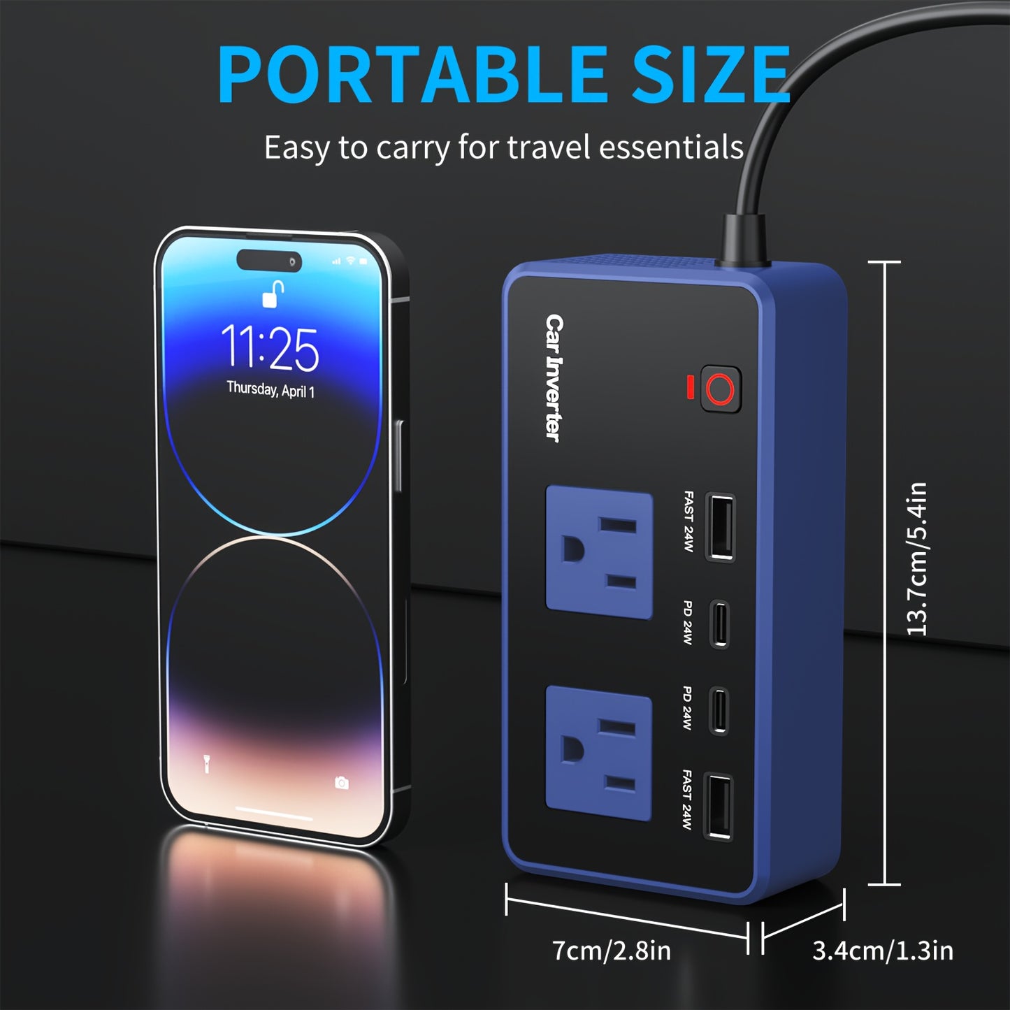Car Inverter Charger 200W DC 12V to AC 110V with PD 24W USB-C QC 24W Quick Charge Car Plug Adapter US Socket for Vehicle Office Camping Road Trip Travel Blue