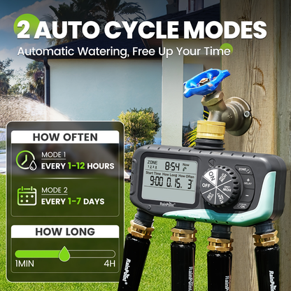 Garden Irrigation System 4-Zone – Automatic Watering Controller with Brass Head, Manual & Rain Delay Modes, Independent Zone Scheduling