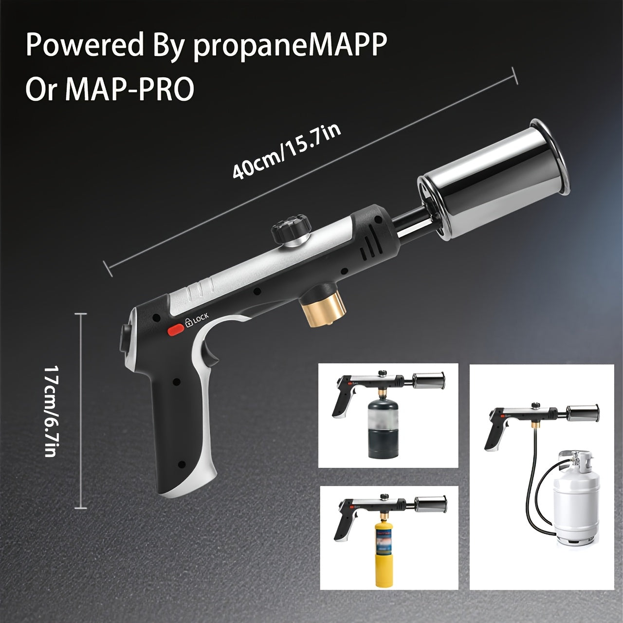 Propane Torch with One-Touch Max Fire & Safety Lock, Cooking Blow Torch Gun for Sous Vide, Searing Steak, BBQ, Grill, Campfire & Charcoal, Adjustable Flame Kitchen Torch, Black/Golden (Tank Not Included)